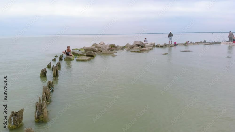 A man is playing with a cormorant. Aerial shot A man is playing with a cormorant. Aerial shot