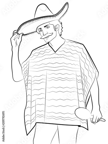 contour illustration for self-coloring with the image of a man in a Mexican folk costume with maracas