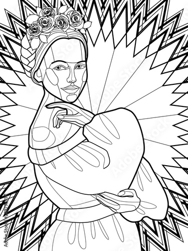 contour illustration for self-coloring with the image of a beautiful girl in a Mexican folk costume. Style stained glass