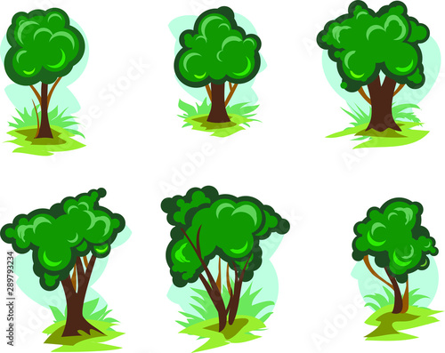Set of green deciduous trees in cartoon style