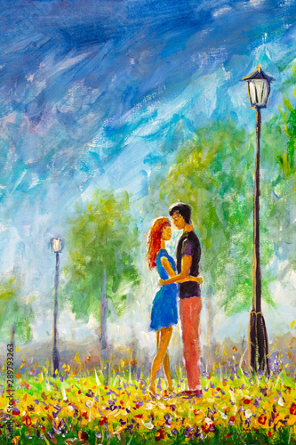 Schilderij op canvas Oil painting Young couple in love hugs and kisses in spring green flower park