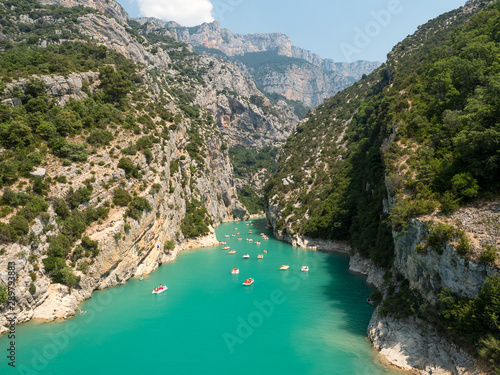 France, july 2019: St Croix Lake, Les Gorges du Verdon with Tourists in kayaks, boats and paddle boats., Provence