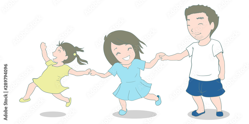 vector illustration of father and daughters running and holding hands, family concept, single dad vector illustration of father and daughters running and holding hands, family concept, single dad