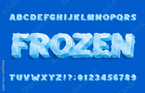 Frozen alphabet font. 3D ice letters and numbers with shadow. Stock vector typeface for your typography design. photo