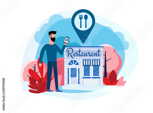Restaurant reservation. Ordering food. View menu. Search restaurants. A man stands near the restaurant. Flat illustration of a man who came to the restaurant with the help of a smartphone navigator
