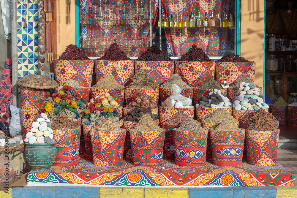 Traditional spices bazaar with herbs and spices in street old market in Sharm El Sheikh, Egypt. close up