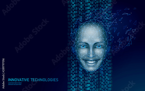Low poly female human face biometric identification. Recognition system concept. Personal data secure access scanning innovation technology. 3D polygonal rendering vector illustration