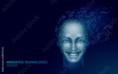 Low poly female human face biometric identification. Recognition system concept. Personal data secure access scanning innovation technology. 3D polygonal rendering vector illustration