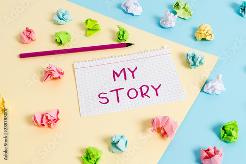 Text sign showing My Story. Business photo text the things or situations that have happened to someone in life Colored crumpled papers empty reminder blue yellow background clothespin © Artur