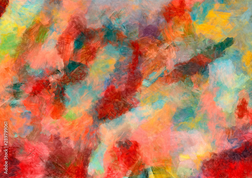 Abstract art background. Oil painting on canvas. Color texture. Fragment of artwork. Spots of oil paint. Brushstrokes of paint. Modern art. Contemporary art. Colorful canvas.