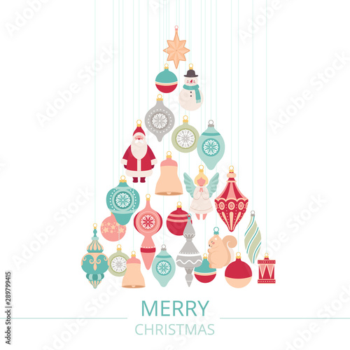 Composition of Christmas balls and toys hung in the shape of a Christmas tree. Holiday poster with text