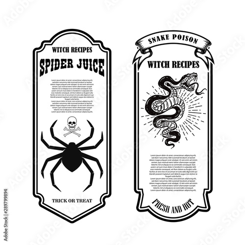 Halloween poison label. Spider juice. Snake poison. Design element for poster, card, banner, sign. Vector illustration