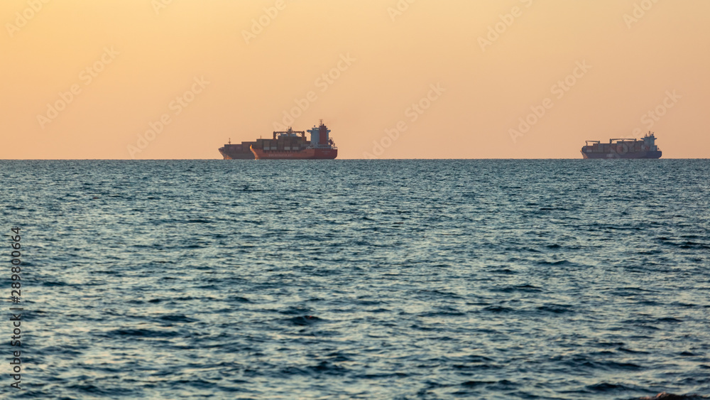 Ship on the horizon of the Black Sea, Poti, Georgia.