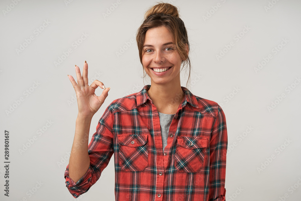 Portrait of cheerful pretty woman in checkered shirt with casual hairstyle showing ok gesture, smiling widely to camera, posing over white background Portrait of cheerful pretty woman in checkered shirt with casual hairstyle showing ok gesture, smiling widely to camera, posing over white background