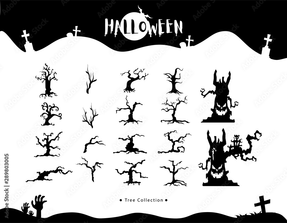 Set of demon tree silhouette collections. Happy Halloween elements.