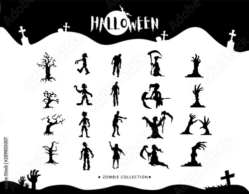 Set of zombie walking, hand and tree silhouette collections. Happy Halloween elements.