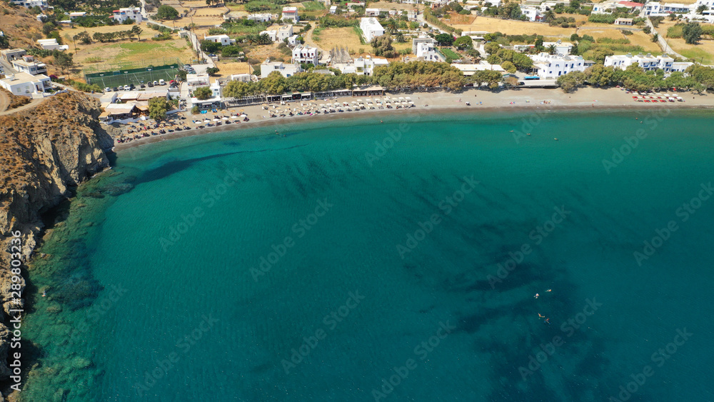 Aerial drone photo of famous beach of Livadi near main town of Astypalaia island, Dodecanese, Greece