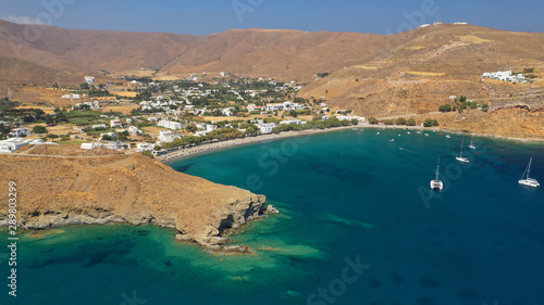 Aerial drone photo of famous beach of Livadi near main town of Astypalaia island, Dodecanese, Greece
