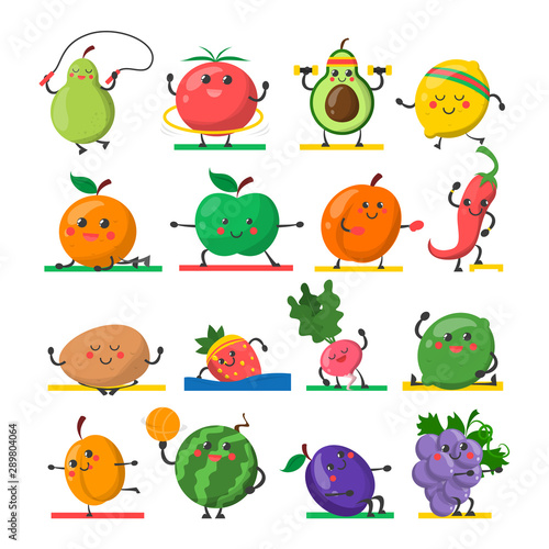 Fruit and vegetable doing sport exercise vector isolated.
