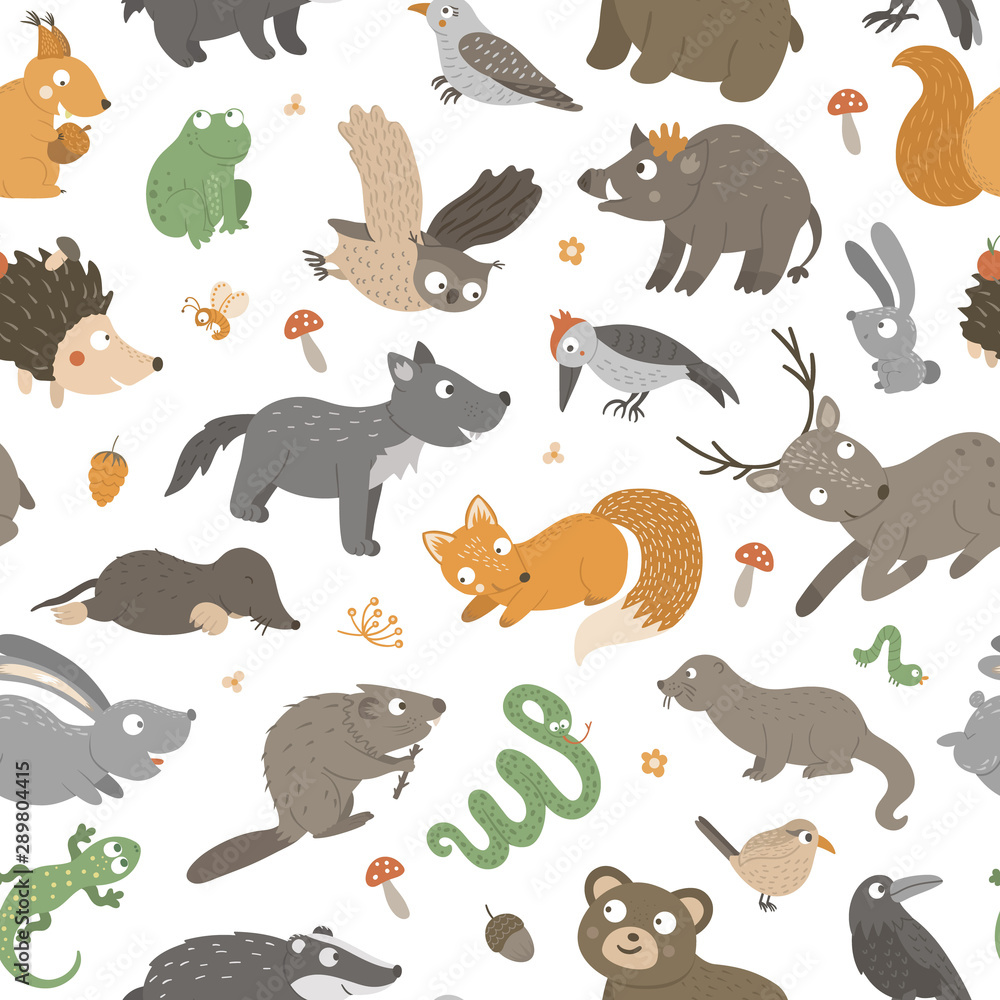 Fototapeta premium Vector seamless pattern with hand drawn flat funny animals. Cute repeat background with forest creatures. Sweet woodland ornament for children’s design, print. 