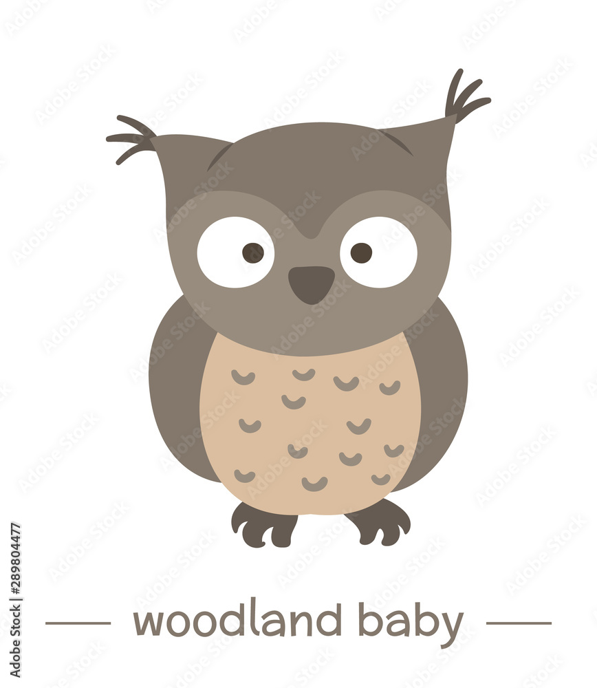 Vector hand drawn flat baby owl. Funny woodland animal icon. Cute forest animalistic illustration for children’s design, print, stationery.