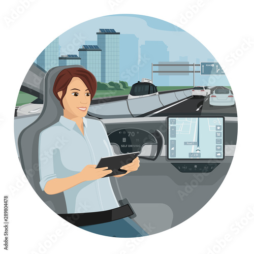 Passenger in autonomous self driving car. Vector illustration