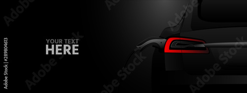 Black electric car with a charging station in the dark. Vector banner template 