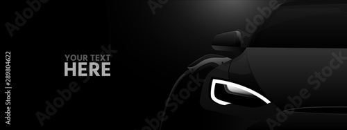 Black electric car with a charging station in the dark. Vector banner template 