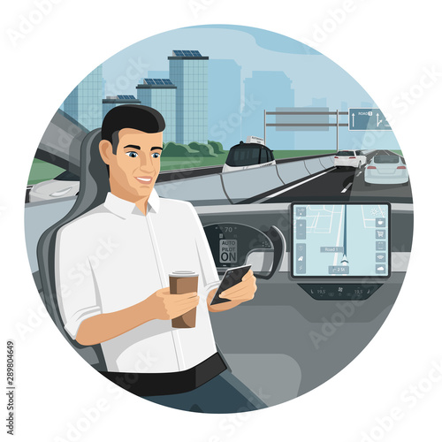 Passenger in autonomous self driving car. Vector illustration