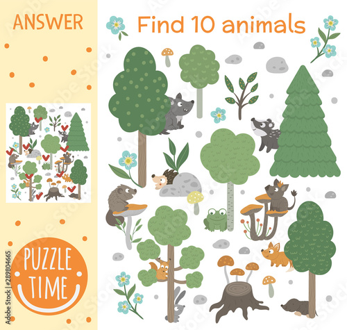 Searching game for children with animals and trees in the forest. Woodland topic. Cute funny smiling characters. Find hidden animals..