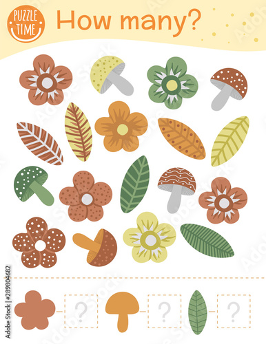 Counting game with flowers, leaves, mushrooms. Math activity for preschool children. How many objects worksheet. Educational riddle with cute funny pictures..