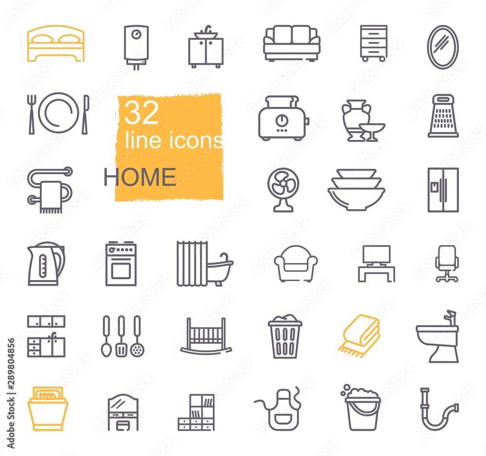 Linear icons of household items. Furniture, appliances, kitchen utensils Linear icons of household items. Furniture, appliances, kitchen utensils