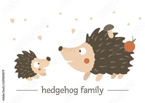 Vector hand drawn flat baby hedgehog with parent. Funny woodland animal scene showing family love. Cute forest animalistic illustration for children’s design, print, stationery.