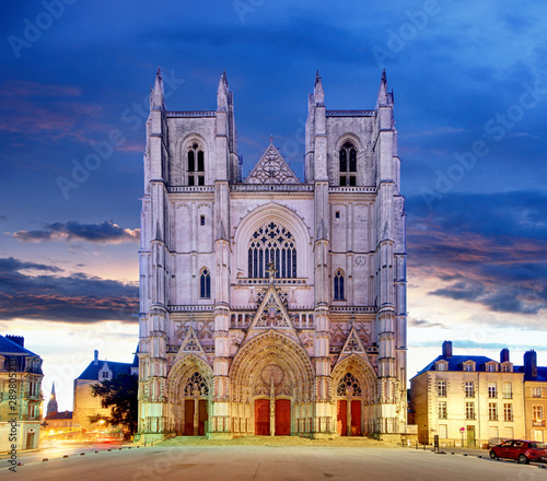 Night view on the saint Pierre cathedral in Nantes city in France