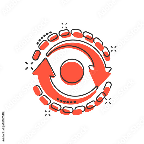 Oval with arrows icon in comic style. Consistency repeat vector cartoon illustration on white isolated background. Reload rotation business concept splash effect.