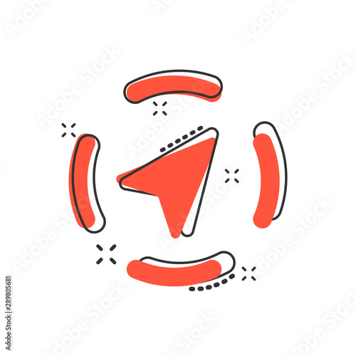 Global navigation icon in comic style. Compass gps vector cartoon illustration on white isolated background. Location discovery business concept splash effect.