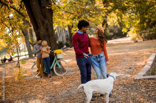 Multiracial couple walking ...