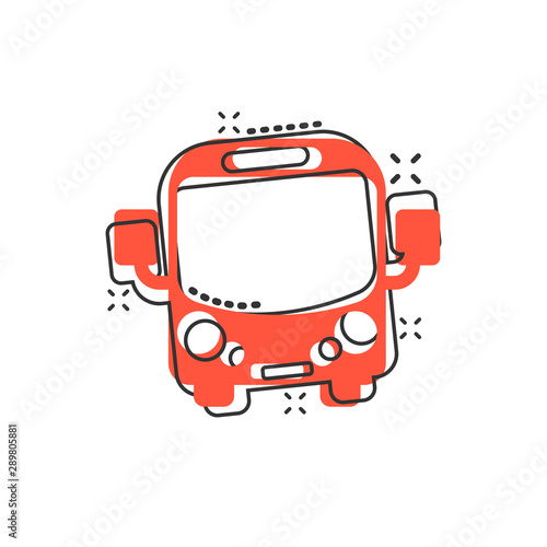 School bus icon in comic style. Autobus vector cartoon illustration on white isolated background. Coach transport business concept splash effect.