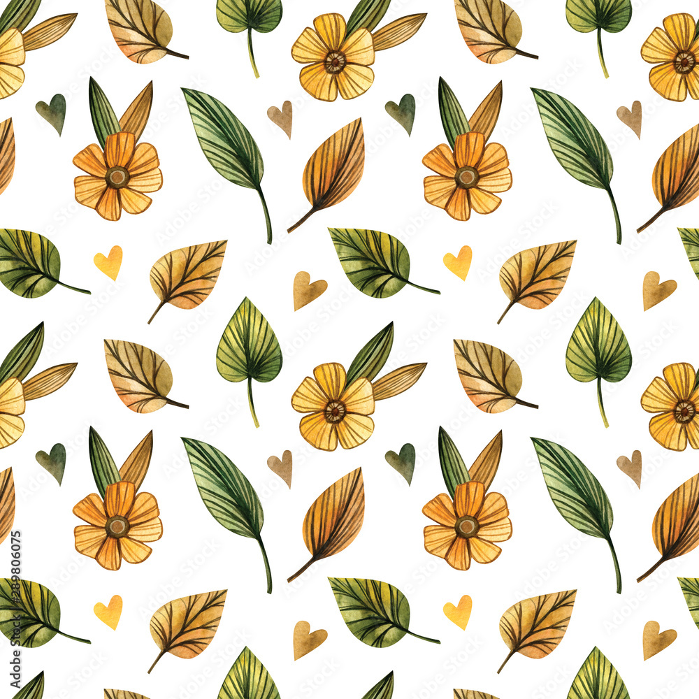 Obraz premium Watercolor seamless pattern autumn leaves on a white background. Hand drawn illustration. Design for wedding invitations, greeting cards, cards.