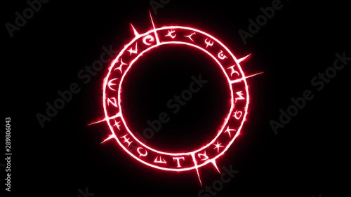 White occult circle with rotating parts and mystical symbols with burning red glow in seamless loop