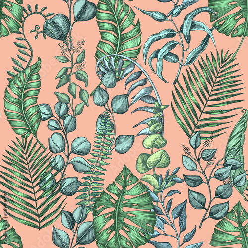 Seamless pattern with palm leaves. Vector illustration for fabric print.
