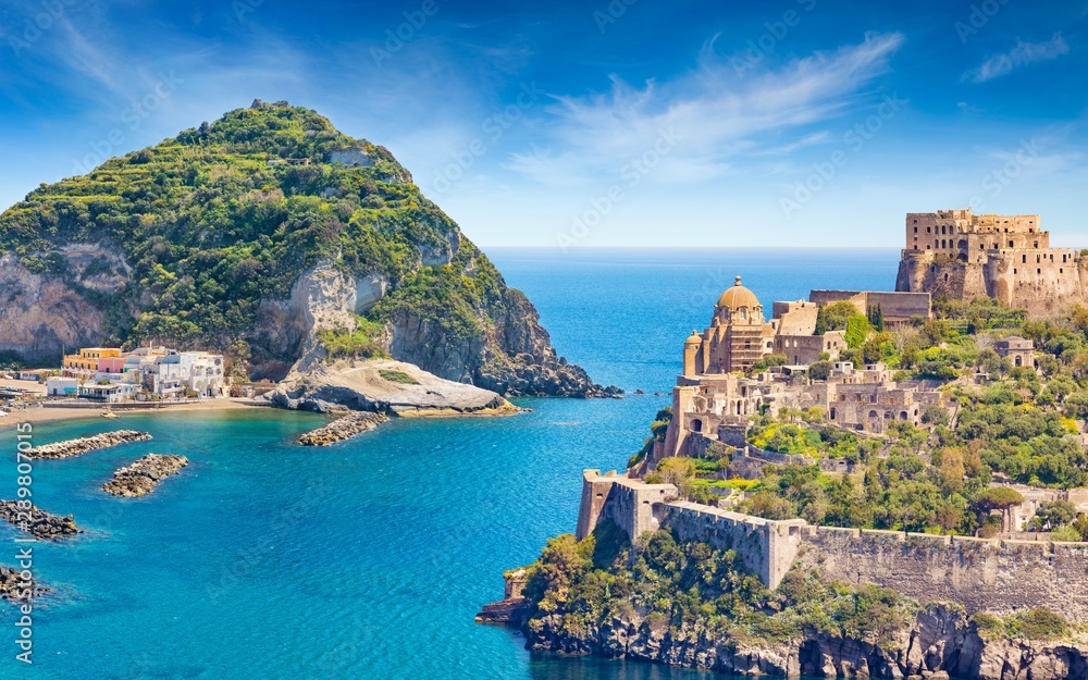 Collage with famous attractions of Ischia Island - Aragonese Castle, green mountain near fishing village Sant'Angelo and clear azure sea, Italy