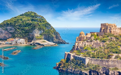 Fototapeta Naklejka Na Ścianę i Meble -  Collage with famous attractions of Ischia Island - Aragonese Castle, green mountain near fishing village Sant'Angelo and clear azure sea, Italy