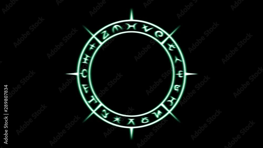 White occult circle with mystical symbols with blinking and distorting green glow in seamless loop White occult circle with mystical symbols with blinking and distorting green glow in seamless loop
