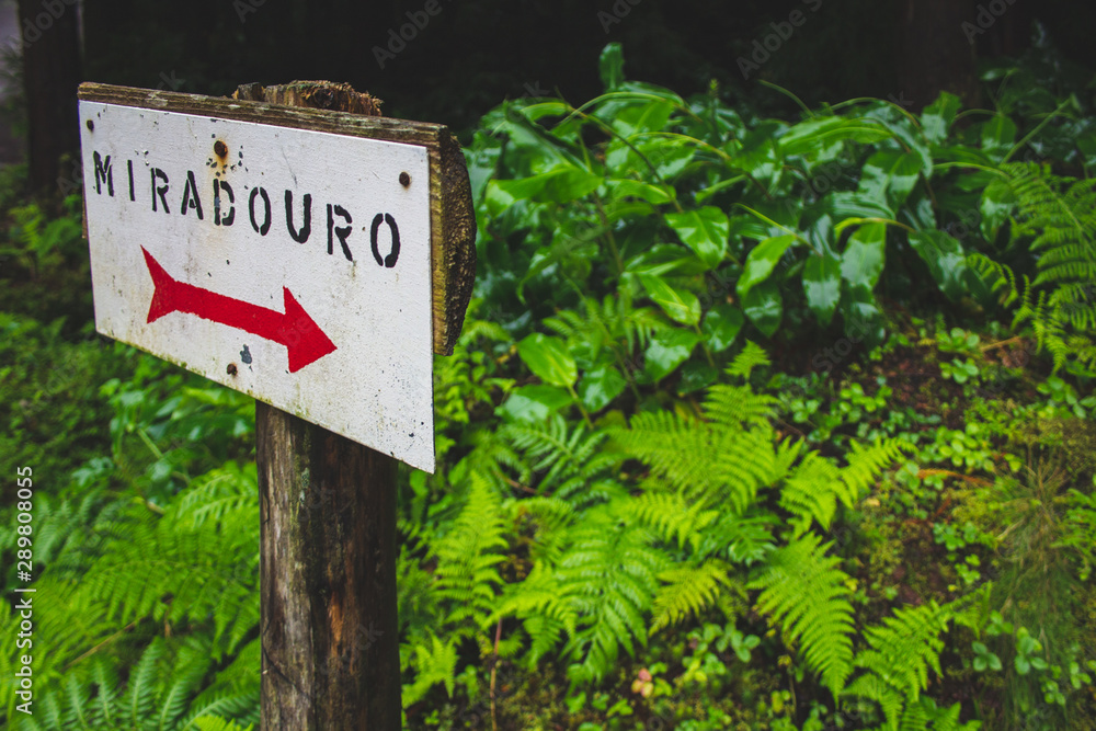 sign giving direction to a viewpoint (Miradouro is portugese for viewpoint or lookout), Sao Miguel, Azores, Portugal
