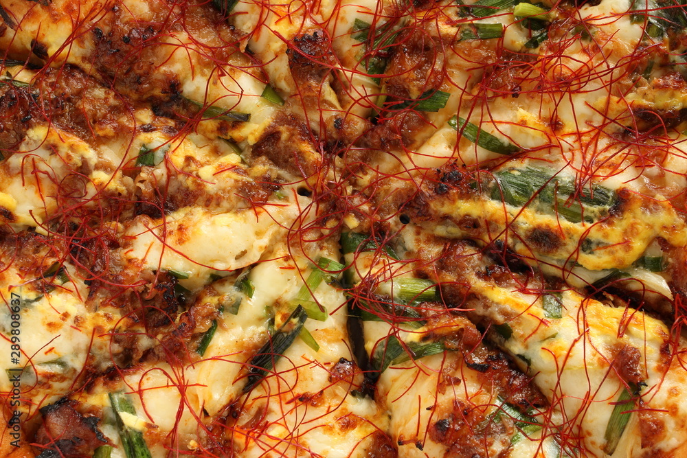 Fusion pizza, beef and leek with chili pepper Asian taste Fusion pizza, beef and leek with chili pepper Asian taste