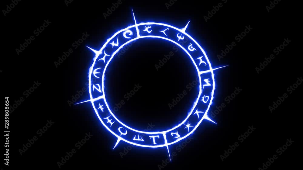 Rotating white occult circle with mystical symbols with burning blue glow in seamless loop Rotating white occult circle with mystical symbols with burning blue glow in seamless loop