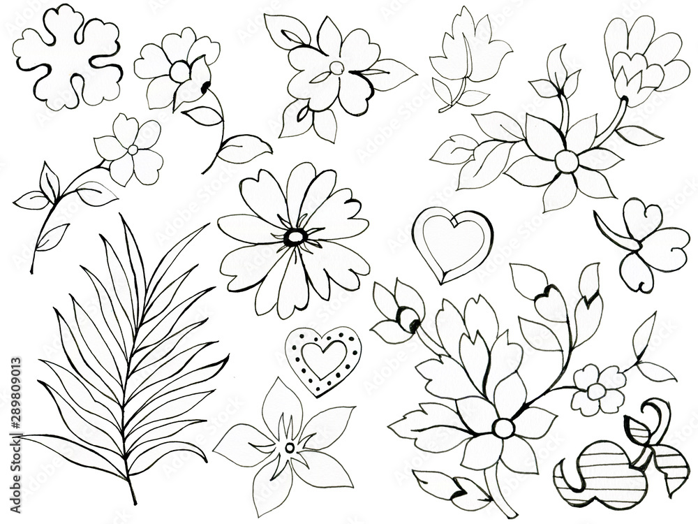 Hand drawn illustration henna tattoo elements and bouquet for your design textile, decorative paper, scrapbooking