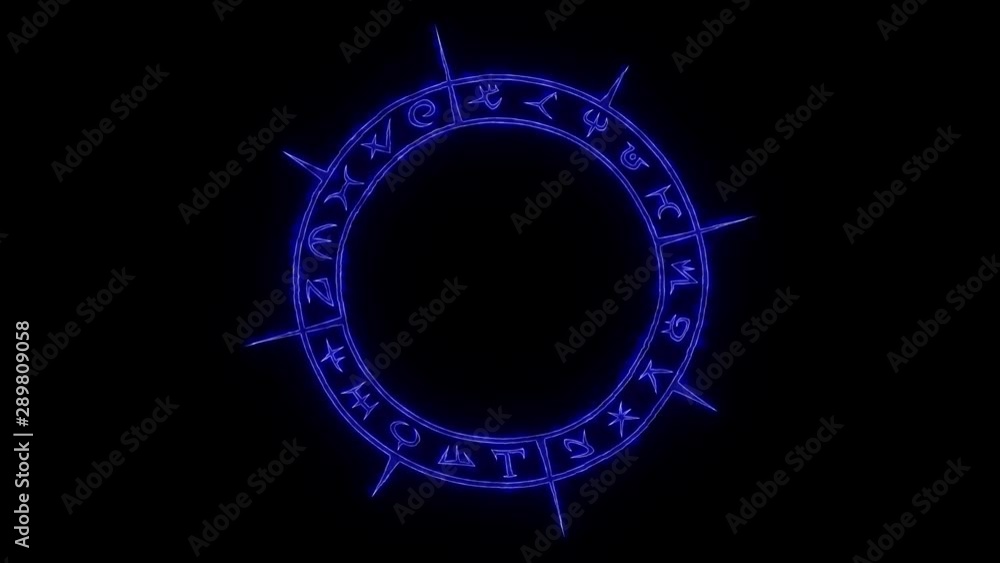 Rotating white outline occult circle with mystical symbols with burning blue glow in seamless loop Rotating white outline occult circle with mystical symbols with burning blue glow in seamless loop