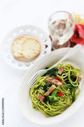 Homemade broccoli and green pasta with bacon